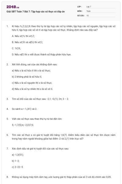 Giải SBT Toán 7 Bài 7: Tập hợp các số thực có đáp án