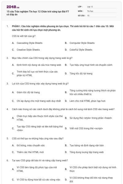 15 câu Trắc nghiệm Tin học 12 Chân trời sáng tạo Bài F7 có đáp án