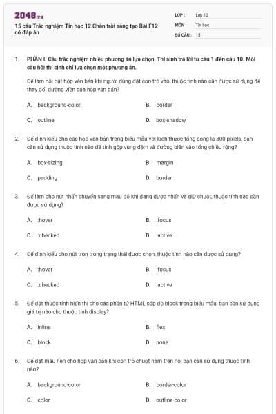 15 câu Trắc nghiệm Tin học 12 Chân trời sáng tạo Bài F12 có đáp án