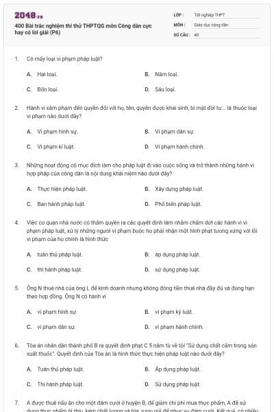 400 Bài trắc nghiệm thi thử THPTQG môn Công dân cực hay có lời giải (P6)