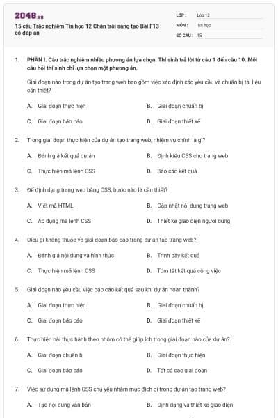 15 câu Trắc nghiệm Tin học 12 Chân trời sáng tạo Bài F13 có đáp án