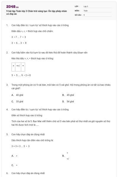 9 bài tập Toán lớp 3 Chân trời sáng tạo: Ôn tập phép nhân có đáp án
