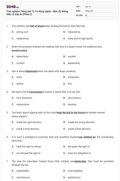 Trắc nghiệm Tiếng anh 12 Từ đồng nghĩa - Mức độ thông hiểu có đáp án (Phần 2)