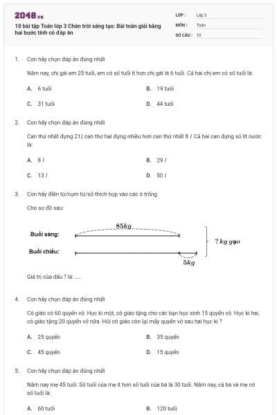 10 bài tập Toán lớp 3 Chân trời sáng tạo: Bài toán giải bằng hai bước tính có đáp án