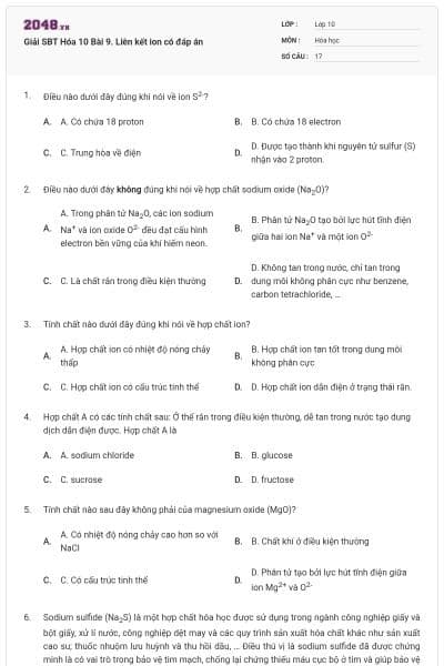 Giải SBT Hóa 10 Bài 9. Liên kết ion có đáp án