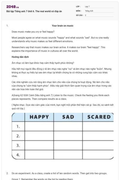 Bài tập Tiếng anh 7 Unit 6. The real world có đáp án