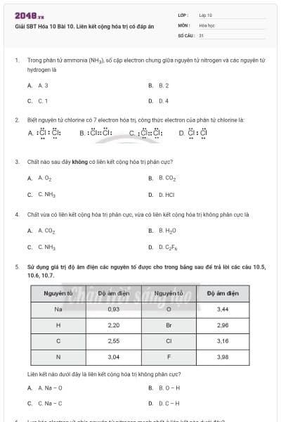Giải SBT Hóa 10 Bài 10. Liên kết cộng hóa trị có đáp án