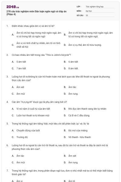 278 câu trắc nghiệm môn Dẫn luận ngôn ngữ có đáp án (Phần 4)