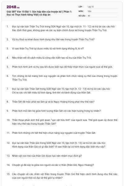 Giải SBT Văn 10 Bài 1: Sức hấp dẫn của truyện kể ( Phần 1: Đọc và Thực hành tiếng Việt) có đáp án