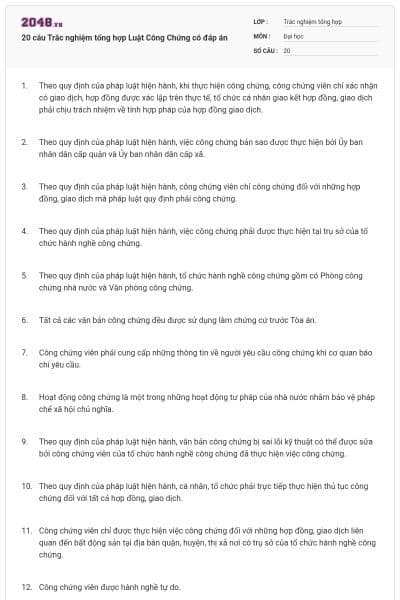 20 câu Trắc nghiệm tổng hợp Luật Công Chứng có đáp án