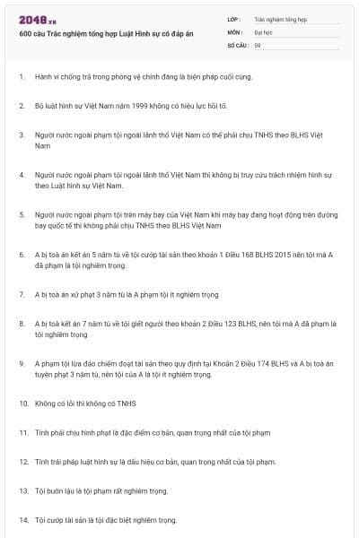 600 câu Trắc nghiệm tổng hợp Luật Hình sự có đáp án