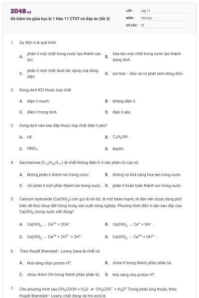 Đề kiểm tra giữa học kì 1 Hóa 11 CTST có đáp án (Đề 3)