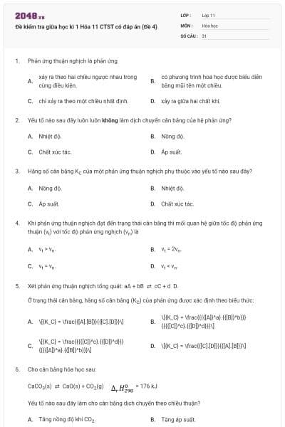 Đề kiểm tra giữa học kì 1 Hóa 11 CTST có đáp án (Đề 4)