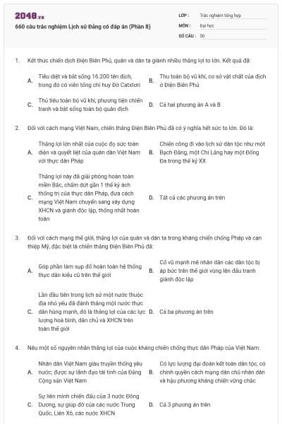 660 câu trắc nghiệm Lịch sử Đảng có đáp án (Phần 8)