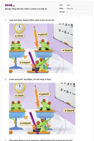 Bài tập Tiếng Anh lớp 3 Unit 1 Lesson 2 có đáp án