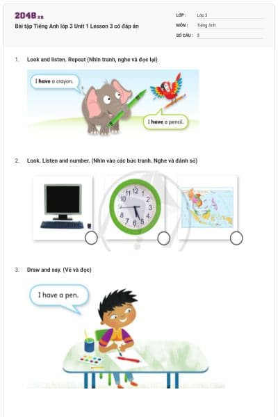 Bài tập Tiếng Anh lớp 3 Unit 1 Lesson 3 có đáp án