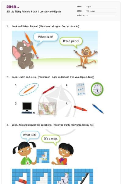 Bài tập Tiếng Anh lớp 3 Unit 1 Lesson 4 có đáp án