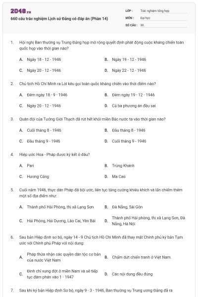 660 câu trắc nghiệm Lịch sử Đảng có đáp án (Phần 14)