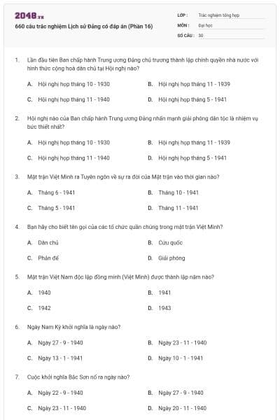 660 câu trắc nghiệm Lịch sử Đảng có đáp án (Phần 16)