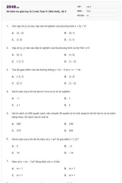 Đề kiểm tra giữa học kì 2 môn Toán 9 ( Mới nhất)_ đề 4