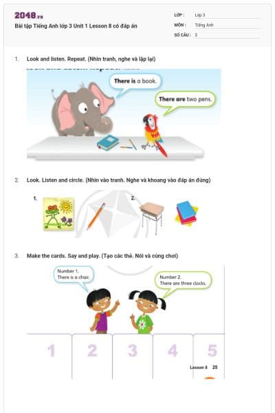 Bài tập Tiếng Anh lớp 3 Unit 1 Lesson 8 có đáp án