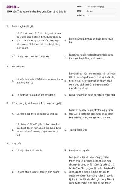 100+ câu Trắc nghiệm tổng hợp Luật Kinh tế có đáp án