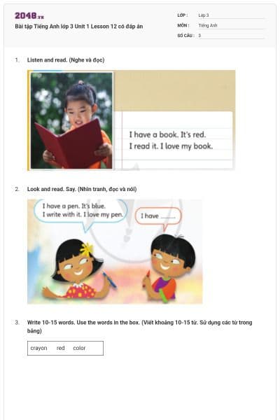 Bài tập Tiếng Anh lớp 3 Unit 1 Lesson 12 có đáp án