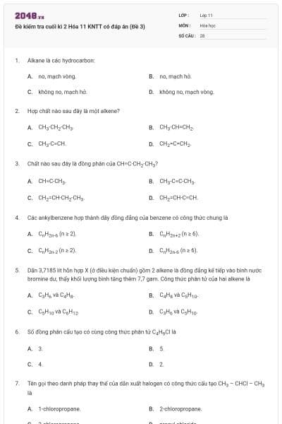 Đề kiểm tra cuối kì 2 Hóa 11 KNTT có đáp án (Đề 3)