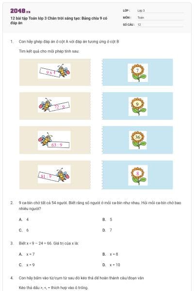 12 bài tập Toán lớp 3 Chân trời sáng tạo: Bảng chia 9 có đáp án
