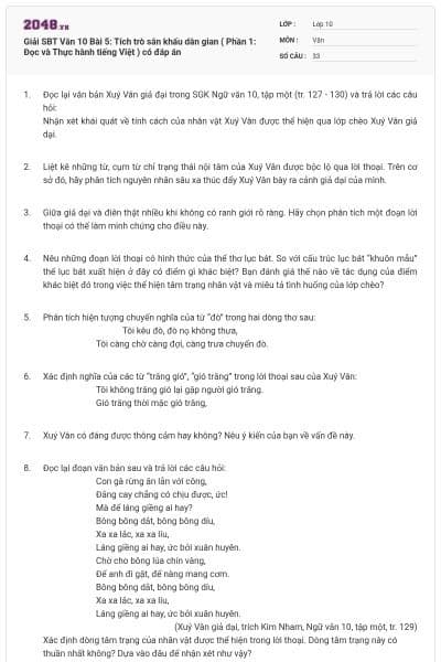 Giải SBT Văn 10 Bài 5: Tích trò sân khấu dân gian ( Phần 1: Đọc và Thực hành tiếng Việt ) có đáp án