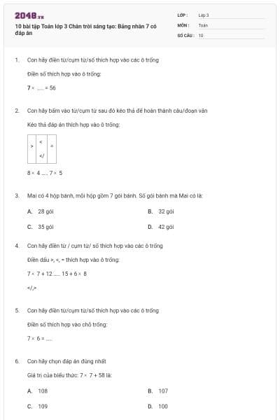 10 bài tập Toán lớp 3 Chân trời sáng tạo: Bảng nhân 7 có đáp án