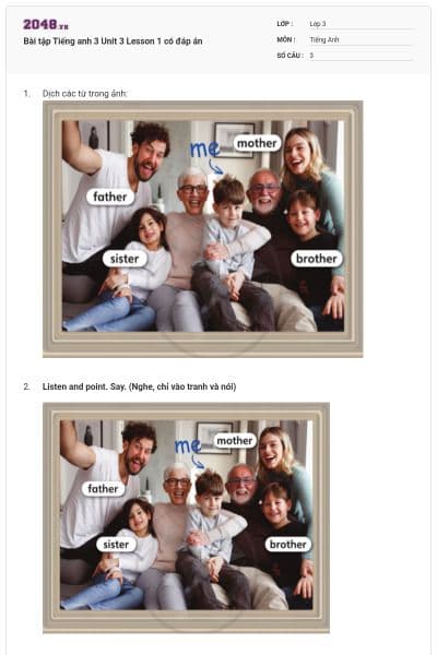 Bài tập Tiếng anh 3 Unit 3 Lesson 1 có đáp án