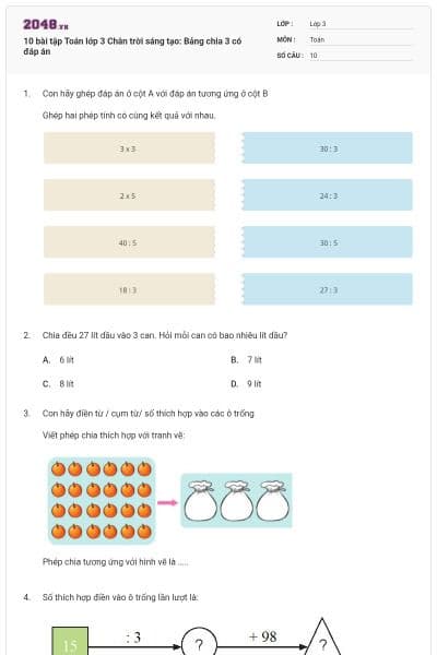10 bài tập Toán lớp 3 Chân trời sáng tạo: Bảng chia 3 có đáp án