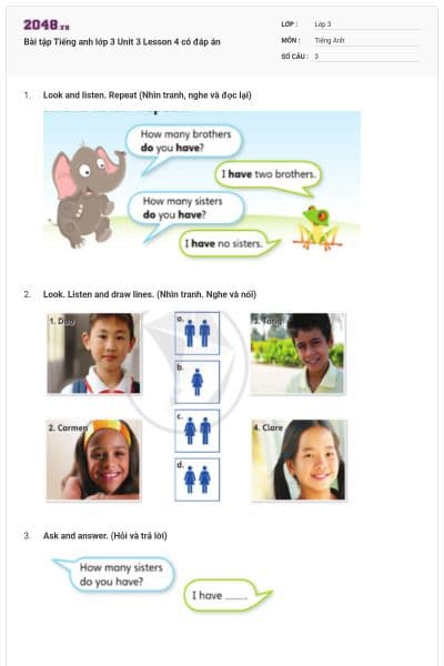 Bài tập Tiếng anh lớp 3 Unit 3 Lesson 4 có đáp án