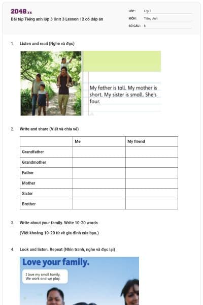 Bài tập Tiếng anh lớp 3 Unit 3 Lesson 12 có đáp án