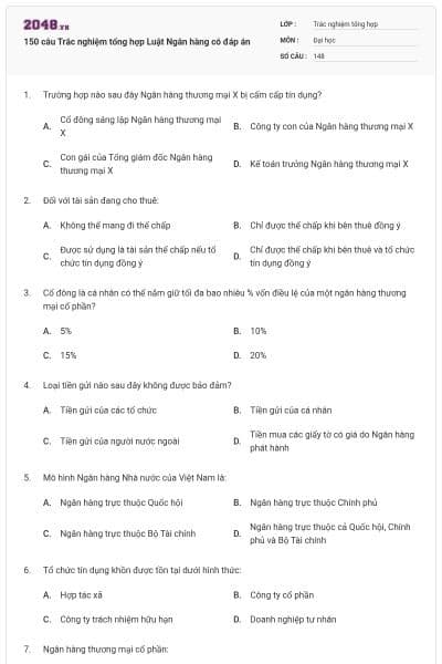150 câu Trắc nghiệm tổng hợp Luật Ngân hàng có đáp án