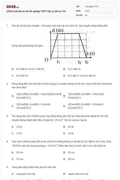 (2025 mới) Đề ôn thi tốt nghiệp THPT Vật Lý (Đề số 10)