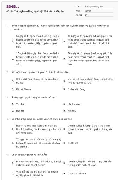 40 câu Trắc nghiệm tổng hợp Luật Phá sản có đáp án