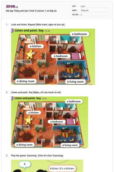 Bài tập Tiếng anh lớp 3 Unit 4 Lesson 1 có đáp án