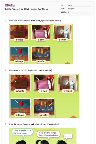 Bài tập Tiếng anh lớp 3 Unit 4 Lesson 2 có đáp án