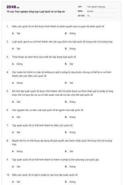 70 câu Trắc nghiệm tổng hợp Luật Quốc tế có đáp án