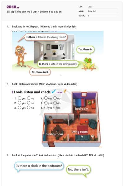 Bài tập Tiếng anh lớp 3 Unit 4 Lesson 3 có đáp án
