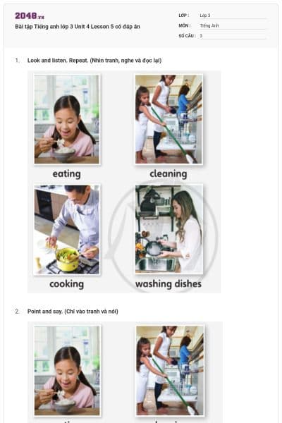 Bài tập Tiếng anh lớp 3 Unit 4 Lesson 5 có đáp án