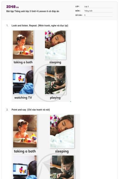 Bài tập Tiếng anh lớp 3 Unit 4 Lesson 6 có đáp án