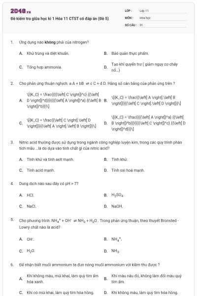 Đề kiểm tra giữa học kì 1 Hóa 11 CTST có đáp án (Đề 5)