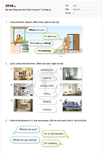 Bài tập Tiếng anh lớp 3 Unit 4 Lesson 7 có đáp án