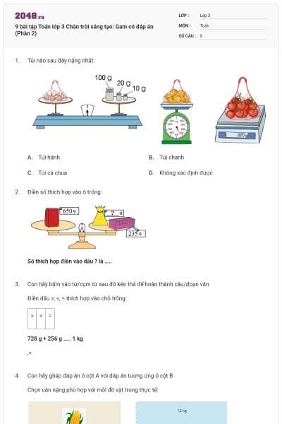 9 bài tập Toán lớp 3 Chân trời sáng tạo: Gam có đáp án (Phần 2)