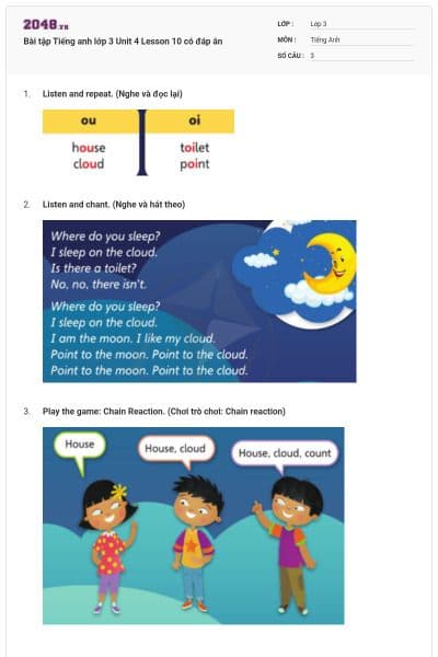 Bài tập Tiếng anh lớp 3 Unit 4 Lesson 10 có đáp án