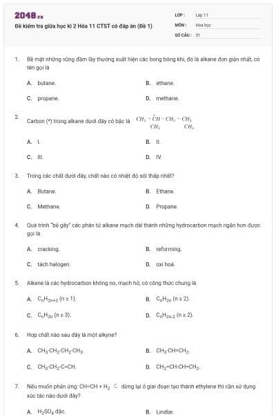 Đề kiểm tra giữa học kì 2 Hóa 11 CTST có đáp án (Đề 1)