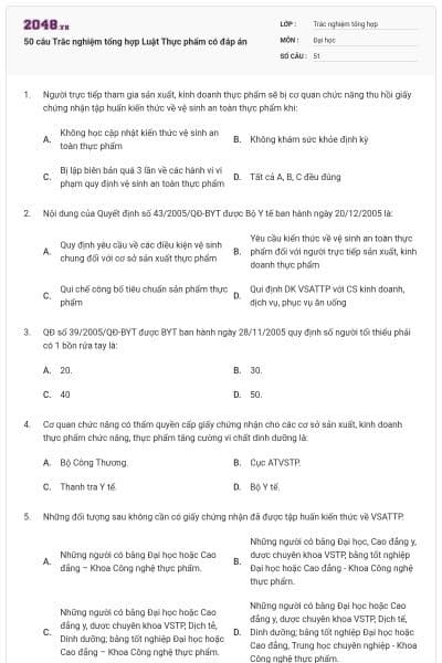 50 câu Trắc nghiệm tổng hợp Luật Thực phẩm có đáp án